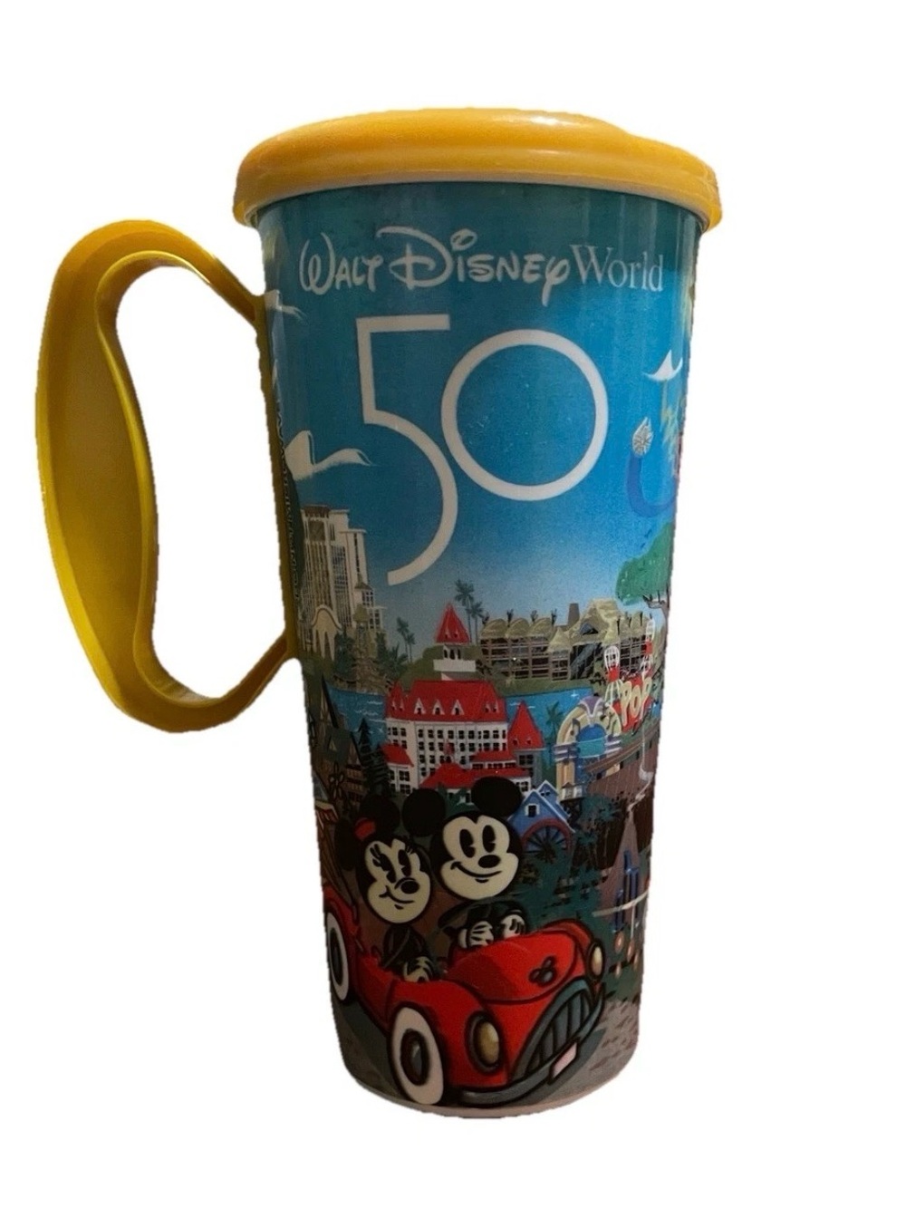 Disney World 50th Anniversary Refillable Cup Mug Mickey Minnie Resorts Gold Top